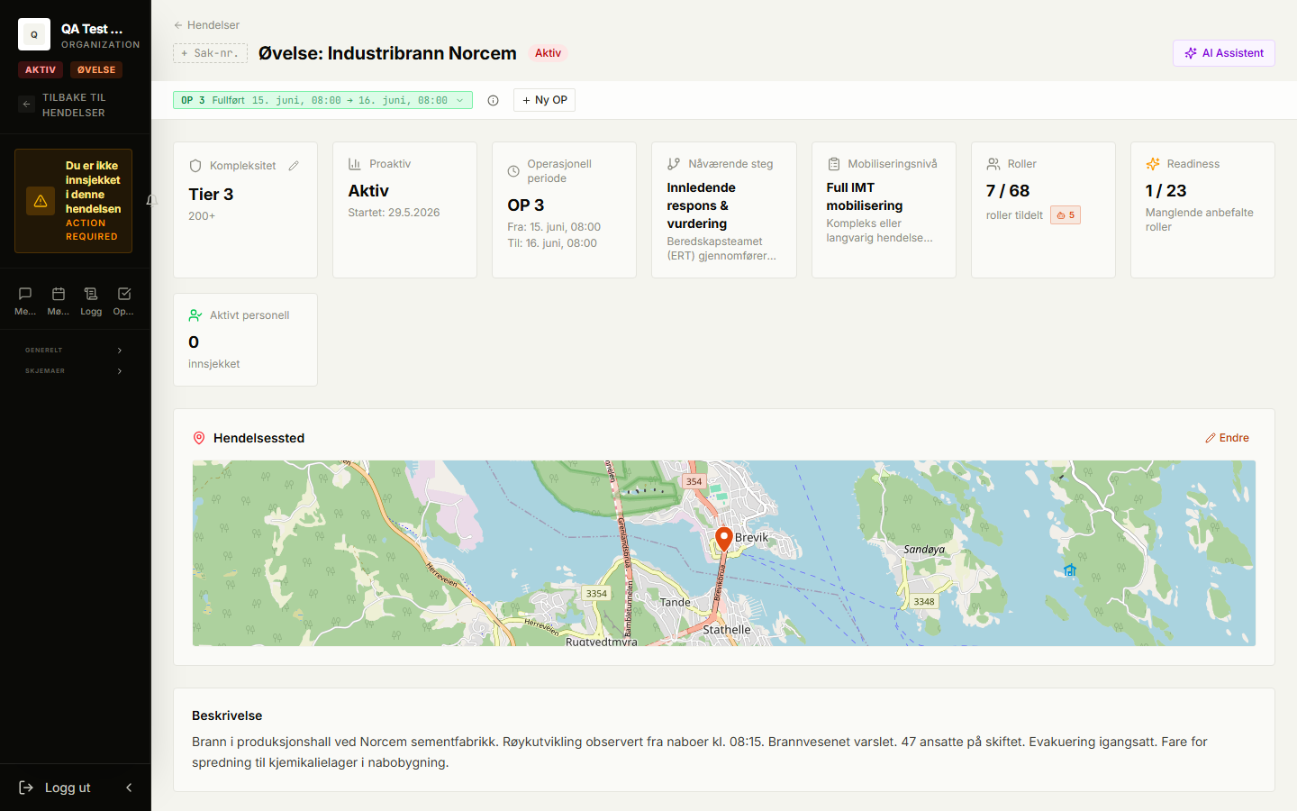 Rapid Response hendelsesoversikt med status, operasjonsperiode og kart